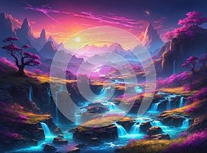 Mystical beautiful landscape with flowing of neons and river - Ai illustration