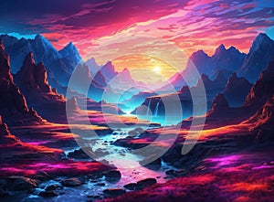 Mystical beautiful landscape with flowing of neons and sunrise and river - Ai illustration