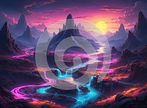 Mystical beautiful landscape with mountains and flowing of neons and river - Ai illustration