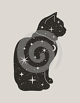 Mystical black cat in fashionable boho style. Vector magic cat silhouette with stars and Moon