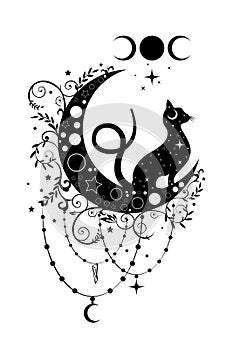 Mystical black cat over celestial crescent moon and triple goddess, witchcraft symbol, witchy esoteric logo tattoo esoteric wiccan