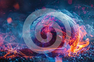 Mystical blue flames and sparks surrounding a dynamic soccer ball, ideal for sportsthemed designs photo