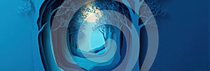 Mystical Blue Forest Pathway Illuminated by Moonlight at Night