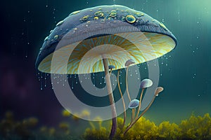 Mystical Blue Mushroom of Fantasy Art in Rain-Kissed Grass