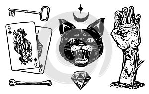 Mystical boho elements. Witchcraft astrological set. Esoteric alchemy occult sketch for tattoo. Black witch cat, hand of