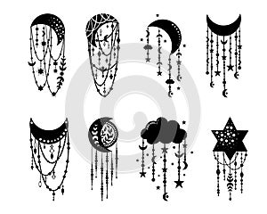 Mystical boho moon, star and cloud collection, celestial clipart, hand drawn line art mystical isolated symbols