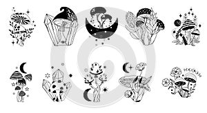 Mystical boho mushrooms vector set, magic fantasy mushroom with moon, stars and crystals, witchcraft symbol