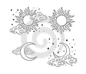 Mystical boho tattoos with sun, crescent, stars and clouds. Linear design, hand drawing. Set of elements for astrology