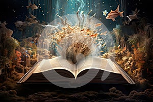 Mystical book with flying birds. Halloween concept. 3D rendering, AI Generated