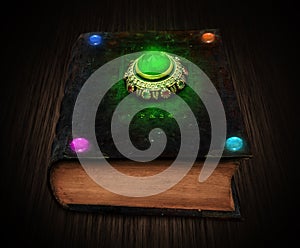 Mystical book with glowing gemstones