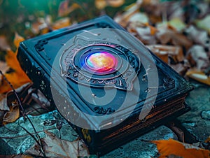 Mystical Book with Glowing Orb in Autumn Setting