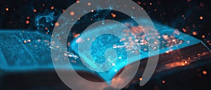 Mystical book with glowing text revealing ancient knowledge in a dark setting