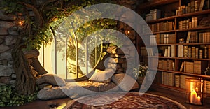 Mystical Book Nook a traditional library with towering bookshelves. AI Generative