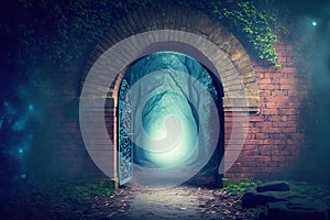 mystical brick way to portal in enchanted foggy forest