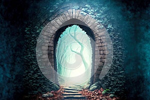 mystical brick way to portal in enchanted foggy forest