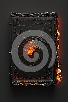 Mystical burning book with fiery glow on dark background