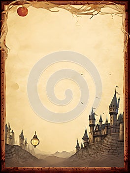 Mystical Castle with Map: Enchanting Stock Image in Light Gold and Dark Beige