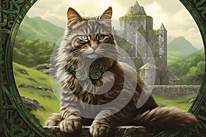 Mystical cat with ancient Celtic ancestry guards a hidden treasure deep within the mystical forests of Ireland, illustration