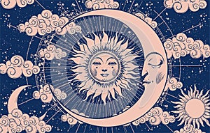 Mystical celestial astrology banner with sun and moon with face, vector esoteric poster of zodiac, horoscope, tarot