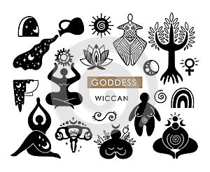 Mystical celestial and solar spiral goddess isolated cliparts bundle, mystical wiccan woman silhouette, female symbol