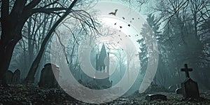 Mystical Cemetery in Foggy Forest with Bats