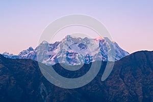 Mystical Chaukhamba peaks of Garhwal Himalayas during sunset from Tungnath Chandrashilla trail.