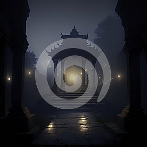 Mystical Chinese temple in the fog. 3D Rendering Generative AI