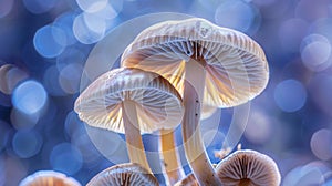 Mystical Close-Up of Forest Mushrooms with Glowing Bokeh Background