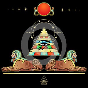 Mystical color drawing: men sphinxes guard the Egyptian pyramid. Eye of Horus. photo
