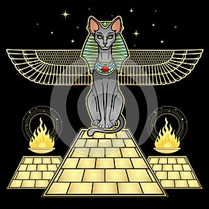 Mystical color drawing: Sacred cat  goddess Bastet guard the pyramid.