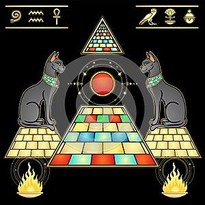 Mystical color drawing: Sacred cats  goddess Bastet guard the pyramid.