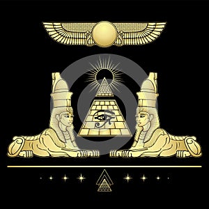 Mystical color drawing: women sphinxes guard the Egyptian pyramid.