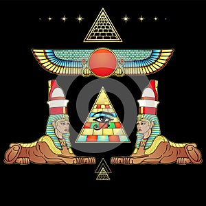 Mystical color drawing: women sphinxes guard the Egyptian pyramid. photo