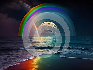 Mystical Convergence: Captivating Rainbow in the Moon on the Sea Photography for Ethereal Beauty