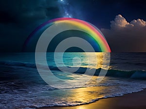 Mystical Convergence: Captivating Rainbow in the Moon on the Sea Photography for Ethereal Beauty