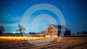 Mystical countryside landscape of dreamlike, starry night sky over a rustic barn