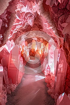 Mystical Crystal Cave Pathway in Vivid Pink Tones Fantastical Geology, Mineral Beauty, Underground Scenery for Fantasy or Geology