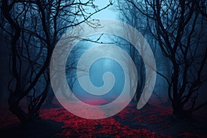 Mystical dark forest with fog and red light. Halloween concept