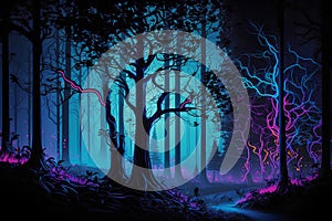 Mystical dark forest with glowing trees and fog. Halloween background