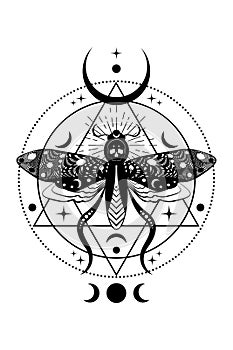 Mystical death head moth in dark black color. Cresent moon and wiccan triple goddess, butterfly with a skull. Sacred geometry