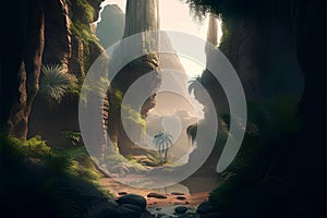 Mystical desert landscape with palm trees and rocks. 3d render