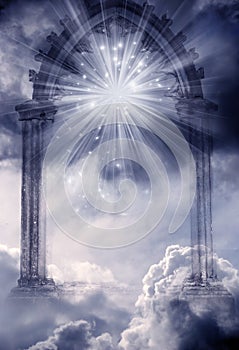 Mystical divine angel gate to Paradise with rays of light and stars