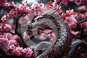 A mystical dragon in cherry blossom. Close-up. Generative AI illustration.