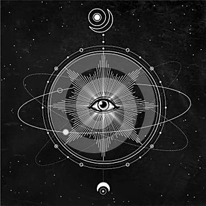 Mystical drawing: All-seeing eye, orbits of planets, energy circle.