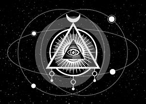 Mystical drawing, All-seeing eye, orbits of planets, energy circle. Sacred geometry. Alchemy, magic, esoteric, occultism