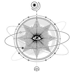 Mystical drawing: All-seeing eye, orbits of planets, energy circle. Sacred geometry.