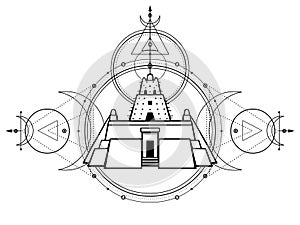 Mystical drawing - an ancient ziggurat, lunar symbols, energy circles, Sacred geometry.