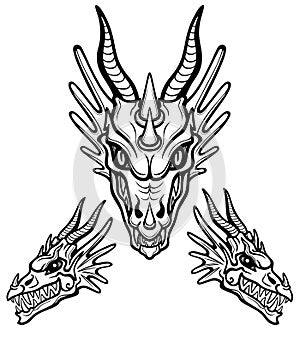 Mystical drawing: animation head of a dragon. Frontal and profile view.