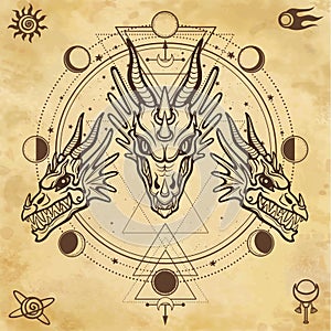 Mystical drawing: animation head of a dragon. Space symbols.