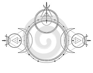 Mystical drawing: circles, triangles, moon, scheme of energy.